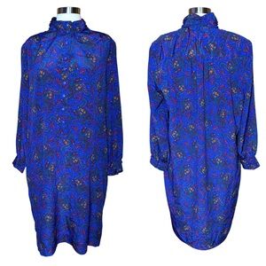 Vintage 70s Paisley Floral High Neck Long Sleeve Modest Button Front Shift Dress